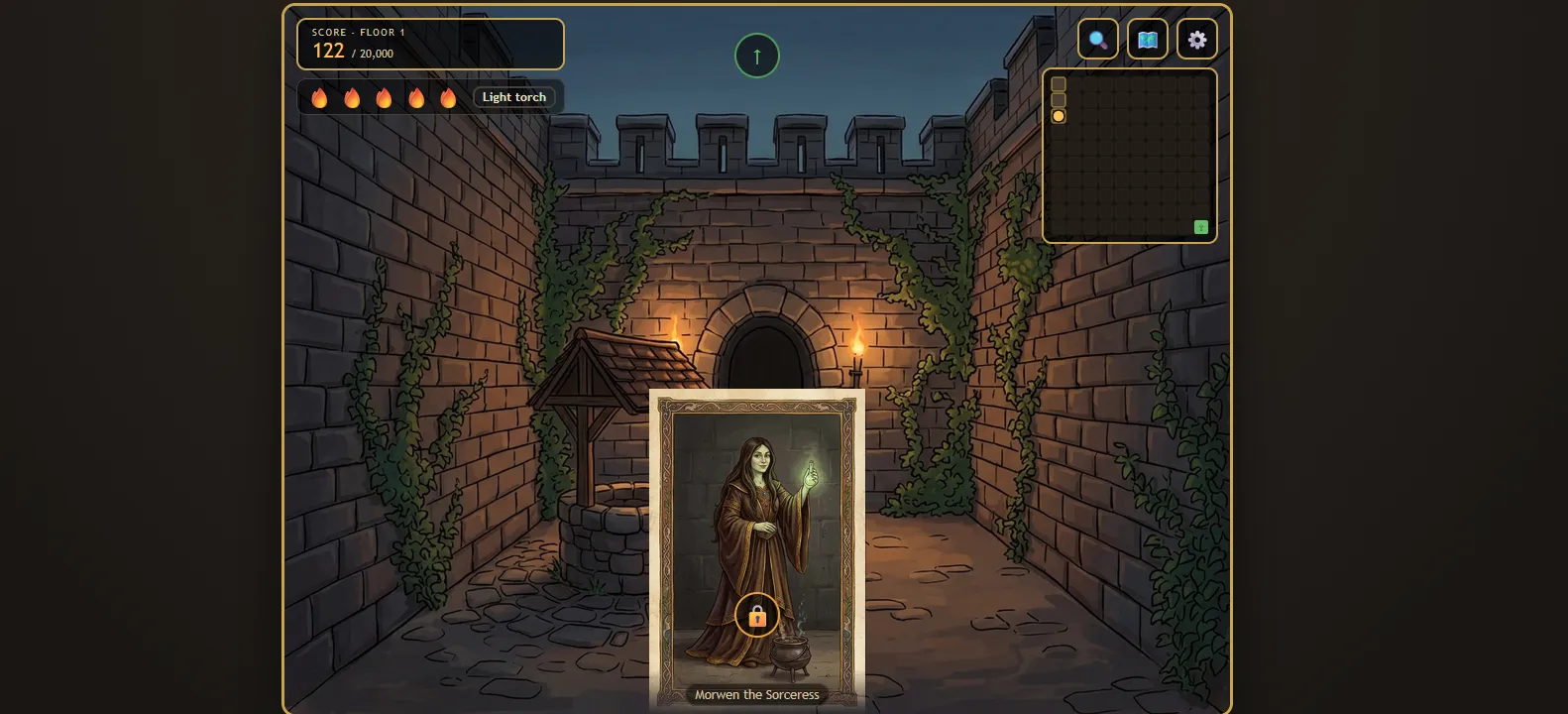 A torchlit stone bedchamber in the MindMaze game, with a score panel and a character card for Lyle the Lutenist
